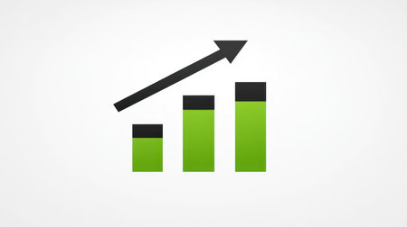 Simple flat color vector art of an upward-pointing arrow, a bar graph with green and black bars on a white background. --chaos 30 --ar 16:9 --v 6.1 Job ID: 46a11475-255c-4f1b-820a-4b691a3f2ee3の素材