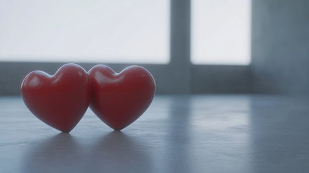 Two red hearts on a white background, with a grey and misty digital backdrop. This cute, love-themed image is suitable for a photography studio backdrop, featuring a bokeh effect and high resolution for a realistic look. Captured with a Canon EOS R5 camera. --chaos 30 --ar 16:9 --v 6.1 Job ID: f19fb13d-341a-40eb-820d-12692d8ecb46の素材