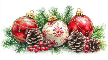 Christmas decoration with red and gold baubles, pine cones and evergreen branches isolated on white background. Flat lay composition. Cartoon illustration. Isolated on pastel background. White background, detailed illustration, high resolution, professional photograph, The ultra-high-definition large picture quality, the details of the edge elements in front view, colorful, natural light, shadows, color grading, clean sharp focus, white background --chaos 30 --ar 16:9 --v 6.1 Job ID: f3d510da-5369-4c2b-84b3-8fe0156fa636の素材