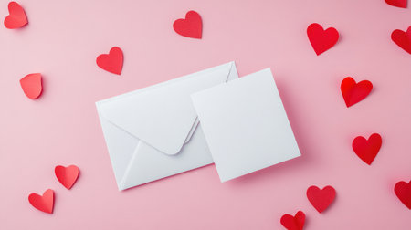 Photograph of a blank white card and envelope on a pastel pink background with red paper hearts, flat lay, minimalist style. --chaos 30 --ar 16:9 --v 6.1 Job ID: c9136866-cff0-4934-96ee-312b82615f17の素材