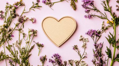 Flat lay of a heart-shaped card surrounded by flowers on a pink background. --chaos 30 --ar 16:9 --v 6.1 Job ID: b926e8d1-9cef-402e-ae04-c59976322cdeの素材