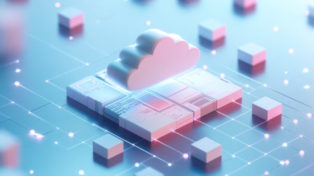 Isometric illustration of a cloud server with a data center, 3D render, 2048x576 resolution, isometric style, blue background, soft lighting, floating clouds, white and pink color palette, technical, digital concept, digital elements, cloud security, minimalist design, isomorphic architecture. --chaos 30 --ar 16:9 --v 6.1 Job ID: 5fe15b79-02c5-4187-993c-06e1d05dd027の素材