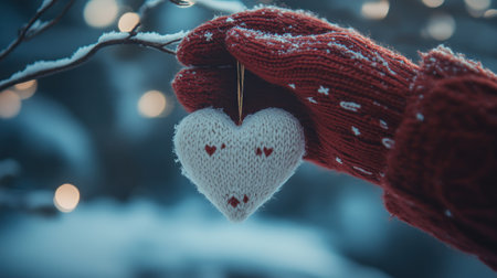 Close-up of red wool gloves holding a white, heart-shaped snow ornament against a snowy background, with copy space. Concept for Valentine's Day celebration and romantic love emotion. --chaos 30 --ar 16:9 --v 6.1 Job ID: 273e53e7-9e2a-4c43-922b-df3e53b8fff0の素材