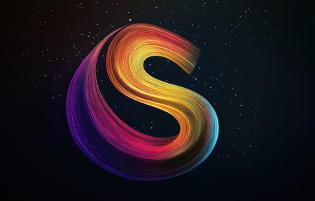 Black background, colorful lines forming the shape of an S in space with a curved composition, minimalism, 3D rendering, front view, perspective, black and dark tones, soft lighting, and a sense of luxury. It is simple yet powerful, presenting a high-end brand culture. The colors used to create a visual impact include blue, purple, orange, red, yellow, green, pink, and white, creating a strong contrast between lightness and darkness. Aerial photography. --ar 47:30 --v 6.1 Job ID: 68024145-8602-46a7-b187-0ee6dc31125cの素材