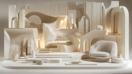 Minimalist interior design with an empty wall mockup, a grey armchair, and a coffee table on a white floor. A simple home background with copy space for artwork or product display. High-quality, 3D, expressive. --chaos 30 --ar 16:9 --v 6.1 Job ID: 99e0cb46-add3-4e06-a2f3-b108ecbf8cadの素材