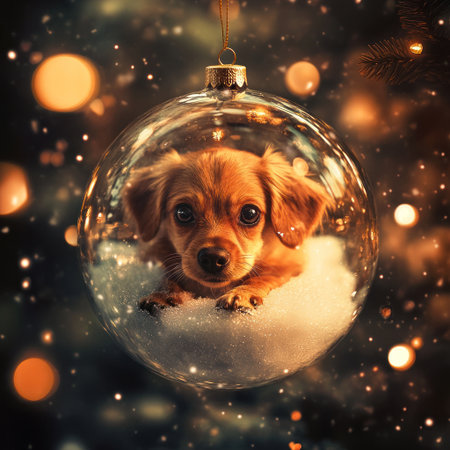 Cute dog inside a glass ball, a Christmas tree decoration, with a warm light and snow background, detailed fur texture, a cozy winter scene, and soft lighting. High-resolution digital art with attention to detail in the and features of the puppy. Perfect for holiday decor or as a gift for pet lovers. --v 6.1 Job ID: c5996908-3347-40c9-a7b8-2f75e0d8303aの素材