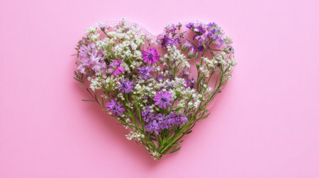 A pink heart-shaped card with delicate flowers on it, flat lay, pink background, top view, high-resolution photography, insanely detailed, fine details, isolated plain pastel color background, studio lighting, cinematic lighting. --chaos 30 --ar 16:9 --v 6.1 Job ID: 5a1f59eb-fe12-4c1d-b913-fe82f798bf56の素材