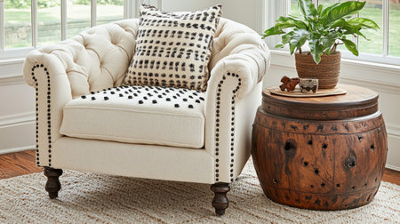 Modern living room interior with white walls, an armchair, and a wooden console table against a window with a plant in a minimal home decor setting, a mock-up for a design presentation. --chaos 30 --ar 16:9 --v 6.1 Job ID: aa2fc0b6-a4b0-4f67-8e53-c11198883081の素材