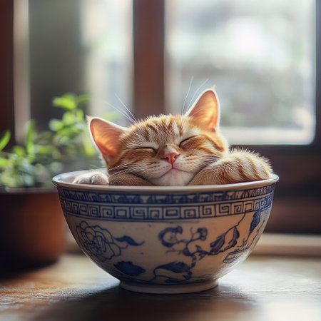 Cute orange cat sleeping in an ancient Chinese bowl, a cute and adorable photo style, warm indoor environment, wooden table with potted plants on the side, natural light, soft tones, clear details, a relaxed smile. High-definition photography, high resolution. --v 6.1 Job ID: 0156b9d8-689d-4943-8cb5-407950fb3cc3の素材