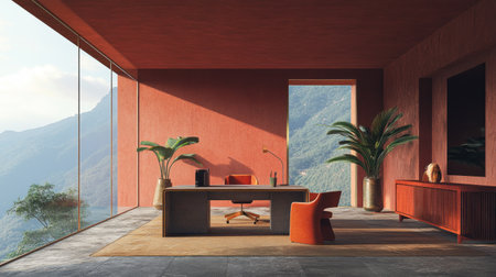 Modern interior design of an office with a desk, chairs, and plants in the style of minimalism. The floor is made of gray stone, and the walls are painted. Large panoramic windows on both sides provide ample natural lighting. A glass door is located on one side, and the walls are a warm brown color. The furniture is modern in design. --chaos 30 --ar 16:9 --v 6.1 Job ID: c6bbbca2-2b03-4dfb-a151-a606be4227a4の素材