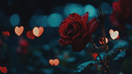 A rose with red petals and heart-shaped bokeh lights in the background, symbolizing love for a Valentine's Day banner template design. The red color of the roses creates an atmosphere of romance and passion, while the hearts add to its festive mood. This design is suitable as a digital poster or social media post. It is an ultra-realistic photograph captured with a high-resolution 20-megapixel Sony A7 IV camera, in daytime lighting and with studio lighting. --chaos 30 --ar 16:9 --v 6.1 Job ID: ec4d6453-b180-4600-91b1-f69bd4de86dfの素材