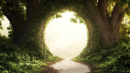 Surrealistic forest background with two large trees forming an arch, lush greenery and foliage surrounding the white space in between them, vector illustration, 3D render, fantasy, magical realism, white background, high resolution, high detail, hyper-realistic, highly detailed, sharp focus, high quality --chaos 30 --ar 16:9 --v 6.1 Job ID: daf84575-b4a8-46c4-b3f1-6802d9dc13e3の素材