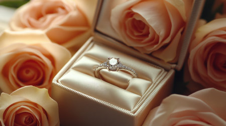 Elegant diamond engagement ring in an intricate box, surrounded by soft pink roses on a satin background. --chaos 30 --ar 16:9 --v 6.1 Job ID: ea33f1da-0b6d-40e1-b75d-1cc2d9644c47の素材