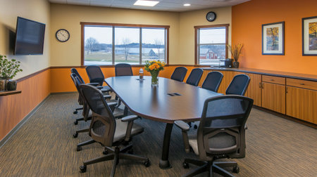 A modern and sleek conference room with an orange accent wall, featuring large windows for natural light, comfortable chairs around the table, a flat-screen TV on one side, plants in vases to add life to the space, gray carpet flooring, wooden cabinets, high ceiling, and professional lighting fixtures. The overall atmosphere is elegant yet inviting. --chaos 30 --ar 16:9 --v 6.1 Job ID: 81ce1f47-f830-4a6f-a610-bac06fee7219の素材