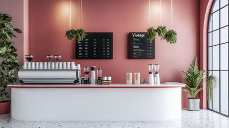 Elegant coffee shop interior design, terrazzo counter with white and coral red colors, wall decorated with green plants and hanging planters, modern "Vintage" aesthetic, large arched window, signboard displaying the menu, white background, front view, 3D rendering in the style of Sergei. --chaos 30 --ar 16:9 --v 6.1 Job ID: 3d2c528e-e478-4cc0-ae10-d2b75e8f8117の素材