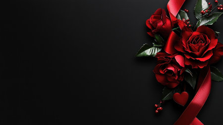 A red ribbon with heart shapes wrapped around two roses on the right side of an empty black background, creating a romantic Valentine's Day backdrop. The roses and hearts create charming elements for design projects celebrating love or special events like Mother's Day or Valentine's Day. This composition adds warmth to the visual space, providing creative inspiration for graphic designers. --chaos 30 --ar 16:9 --v 6.1 Job ID: 50698e69-f730-498c-8b70-6b74fe9c4ba7の素材