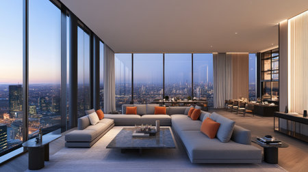 Modern living room interior with a gray sofa and armchairs, a coffee table against an empty wall, a mock-up in a luxury apartment with a panoramic window and lighting, a minimalistic design with accent-colored orange pillows. --chaos 30 --ar 16:9 --v 6.1 Job ID: 3bdc48cd-4601-4b6d-86f7-9e1ca32d7316の素材