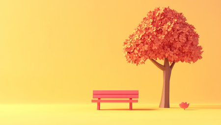Minimalist style, park bench and tree, yellow background, cute cartoon design, simple lines, red color scheme, 3D rendering, simple composition, cute shape, cartoon characters. A minimalist scene with only two elements on the right side of an isolated pastel orange background is a small pink wooden garden chair. The scene has no other objects or trees in it, creating a sense of space and depth. This cartoon character illustration uses soft colors to create a cheerful atmosphere. --ar 53:30 --v 6.1 Job ID: 47a4067f-60c2-46bb-ae2a-de891d106fb6の素材