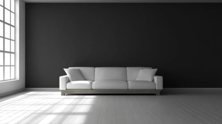 Minimalist interior of a living room with a white sofa, wooden coffee table, and a black wall. Black walls in modern home interior design. --chaos 30 --ar 16:9 --v 6.1 Job ID: c262a062-eb75-427e-bd2b-d37d00ab615fの素材