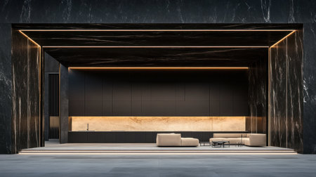 Minimalist interior design of a modern living room with a sofa and kitchen area in the background. Black wall, grey floor. 3D rendering illustration. Wide-angle lens. --chaos 30 --ar 16:9 --v 6.1 Job ID: fc65ea36-bd7c-4b3b-9d64-104fe07efa1fの素材