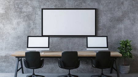 Modern home office interior with a wooden desk, black chairs, and a gray wall. Photorealistic 3D rendering of a contemporary workspace design concept. Wide banner for advertising text. --chaos 30 --ar 16:9 --v 6.1 Job ID: a00e9e47-f24d-4d9d-a92c-941a7e86b1bcの素材