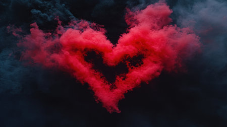 Red heart-shaped particles drifting on a black background, floating in the air, with particles and smoke surrounding the shape of the red heart particles. This scene evokes the concept of Valentine's Day and love, captured in slow motion with a slow shutter speed. The red particles form a glowing heart on the black background, with an explosion of particles and black particles around the heart shape. The image is high resolution, highly detailed, with sharp focus, cinematic lighting, super realistic photography, professional color grading, and soft shadows. --chaos 30 --ar 16:9 --v 6.1 Job ID: 7731bc9d-8417-49b7-8705-34c5b19f3338の素材