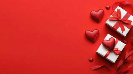Valentine's Day background with red hearts, gift box, and ribbon on a flat color backdrop. Valentine's Day concept. Top view, copy space for text, banner design. Red heart-shaped decoration, red color theme --chaos 30 --ar 16:9 --v 6.1 Job ID: 9bfc4a51-83db-4a9a-9348-a504af0034deの素材