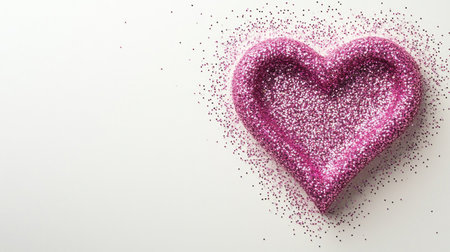 The pink heart shape is formed by particles on the left side of an empty light background, with pink glitter in the form of small sparkles and dust that creates a large white line to make space for text or design. The image should have a clean composition with a soft shadow effect. --chaos 30 --ar 16:9 --v 6.1 Job ID: d5c227c7-3af8-46bb-9016-8a3e8b989052の素材