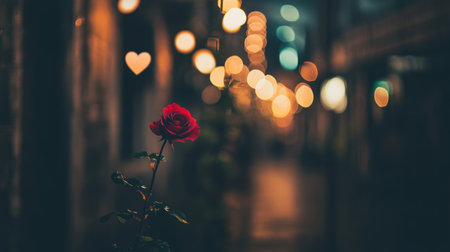 A rose with red petals and heart-shaped bokeh lights in the background, symbolizing love for a Valentine's Day banner template design. The red color of the roses creates an atmosphere of romance and passion, while the hearts add to its festive mood. This design is suitable as a digital poster or social media post. It is an ultra-realistic photograph captured with a high-resolution 20-megapixel Sony A7 IV camera, in daytime lighting and with studio lighting. --chaos 30 --ar 16:9 --v 6.1 Job ID: ec4d6453-b180-4600-91b1-f69bd4de86dfの素材