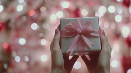 Close-up of hands holding and presenting a gift box with a ribbon, against a Valentine's Day background, with copy space for text. The image has a pastel color palette, with blurred bokeh lights in the background, in shades of pink, red, and white. The lighting is soft, and the style is photorealistic, captured with a Sony A7R IV camera and an 85mm f/2 lens at an aperture of f/4. --chaos 30 --ar 16:9 --v 6.1 Job ID: aad4f75f-3746-489c-8eb1-25346dd9b8b0の素材
