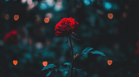 A rose with red petals and heart-shaped bokeh lights in the background, symbolizing love for a Valentine's Day banner template design. The red color of the roses creates an atmosphere of romance and passion, while the hearts add to its festive mood. This design is suitable as a digital poster or social media post. It is an ultra-realistic photograph captured with a high-resolution 20-megapixel Sony A7 IV camera, in daytime lighting and with studio lighting. --chaos 30 --ar 16:9 --v 6.1 Job ID: ec4d6453-b180-4600-91b1-f69bd4de86dfの素材