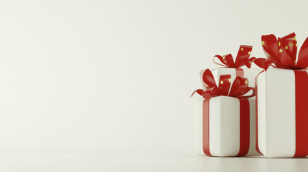 Elegant white background with three gift boxes adorned with red ribbons, creating an atmosphere of joy and celebration on the right side. White background. No shadows or text. High resolution, high quality, isolated on white background, 3D rendering. --chaos 30 --ar 16:9 --v 6.1 Job ID: 460f0d68-e9e6-4bf3-9ad5-c07d29d54e14の素材