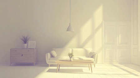 Minimalist living room interior with white wall mockup, sofa and armchair, wooden coffee table, potted plant on sideboard, lamp hanging from the ceiling. Scandinavian home decor concept. All focused, bright, daylit, bright light background, sunlight, volumetric lighting, photography, f/24. --chaos 30 --ar 16:9 --v 6.1 Job ID: f1176b3a-e94d-475d-ba81-a2cc93a520c4の素材