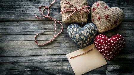 Flat lay of Valentine's Day-themed hearts and gift boxes on a rustic wooden background with a blank tag, captured in high definition using a Canon EOS camera and a wide-angle lens, resulting in a bokeh effect. --chaos 30 --ar 16:9 --v 6.1 Job ID: a183b90f-6fbb-4356-a361-49abfc445558の素材