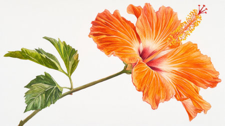 Watercolor, pastel orange hibiscus flower with long stem and green leaves, on a white background, with a light red color palette. --chaos 30 --ar 16:9 --v 6.1 Job ID: 59fe0c78-0af8-4ea5-bcc8-2cc6c939b2dcの素材