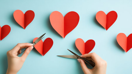 Photo of a person crafting Valentine's Day cards with paper and scissors on a light blue background, in a flat lay composition. Web banner for a craft blog post about cute Valentine's Day card ideas. --chaos 30 --ar 16:9 --v 6.1 Job ID: 83741b73-4928-4b24-b911-cb1c263e0f68の素材