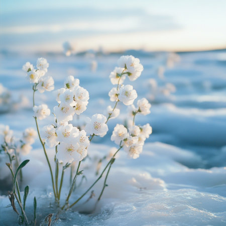 Photograph of white flowers on ice, in an arctic landscape, shot with a Canon EOS camera. --v 6.1 Job ID: b32afb48-499b-4e89-8d85-9635b62ce9e8の素材