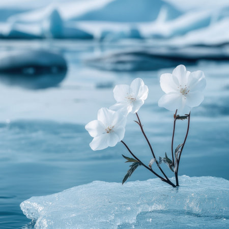 Photograph of white flowers on ice, an arctic landscape, with blue water in the background, high-resolution photography. --v 6.1 Job ID: c4d28432-f015-4cbe-837a-30ab0792fd0bの素材