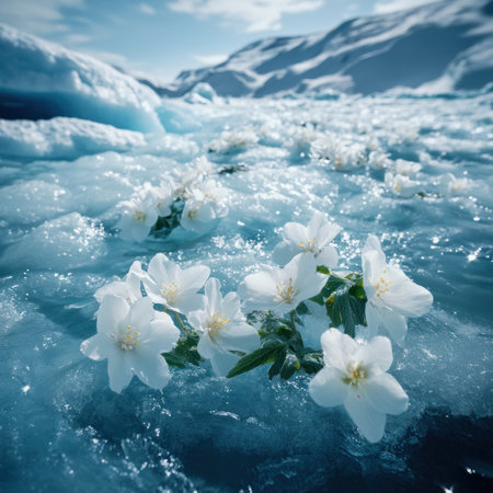 The Arctic ice sheet, with white flowers on top of the snow and water in between the crystals, was shot with a Canon EOS R5 camera, using a 24mm lens at an aperture of f/8. --v 6.1 Job ID: 880897da-9caf-4ddc-988f-0b5fac6b7611の素材