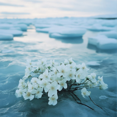 Photograph of white flowers on ice, in an arctic landscape, shot with a Canon EOS camera. --v 6.1 Job ID: b32afb48-499b-4e89-8d85-9635b62ce9e8の素材