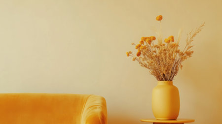 Photo of a minimalist living room with an orange velvet sofa and mustard-colored side table, accented by a ceramic vase holding dried flowers, set against a plain cream-colored wall. --chaos 30 --ar 16:9 --v 6.1 Job ID: e4debf0c-1d14-44dd-8c18-758fb3d82adfの素材