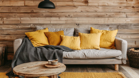 Sofa with yellow pillows and a blanket in a wooden living room interior with beige walls, a round coffee table, and a hanging black lamp. --chaos 30 --ar 16:9 --v 6.1 Job ID: 2be56e62-6cc8-4f59-9004-e4dacd09bcd1の素材