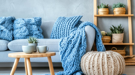 Scandinavian-style living room with a sofa and coffee table, a kitchen in the background, a wooden shelf, light gray walls, a neutral color palette, and a cozy home interior design of a modern apartment or house. --chaos 30 --ar 16:9 --v 6.1 Job ID: bac64a98-4588-4c81-876d-21769d0a291aの素材