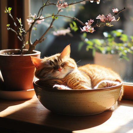 Photograph of an orange cat sleeping in a bowl, with a cute facial expression, bathed in warm sunlight, sitting on a wooden table with a flower pot beside it, in the style of a Japanese aesthetic. --v 6.1 Job ID: 6c21ec1e-ede2-4ba1-a076-57f739b37672の素材