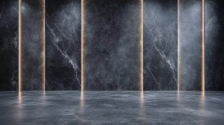 Modern minimalist interior design, gray walls with black marble panels and vertical lines on the right side of the image, an empty room with space for text, 3D rendering illustration, high-resolution photography, high quality, high detail, cinematic, volumetric lighting, ultra-detailed, intricate details, light background. --chaos 30 --ar 16:9 --v 6.1 Job ID: 4f6164ee-9784-434b-99af-2e8d840f1a0dの素材