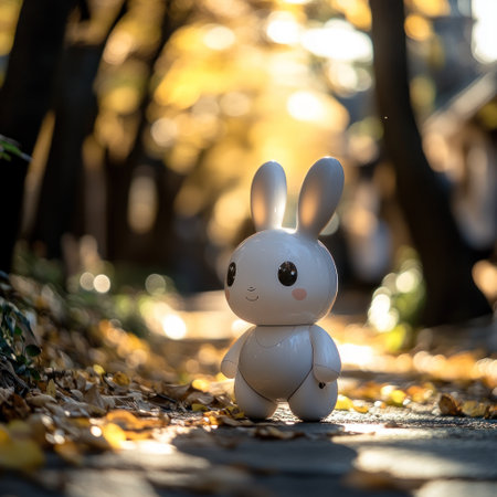 Photo of an adorable little white rabbit-shaped robot, standing on the streets of Kyoto in autumn, with fallen leaves and trees. The sunlight shines through, creating soft shadows that highlight its features. It has big eyes and is smiling happily. --v 6.1 Job ID: 30128db1-c2a0-42ad-8908-10541165bcaaの素材
