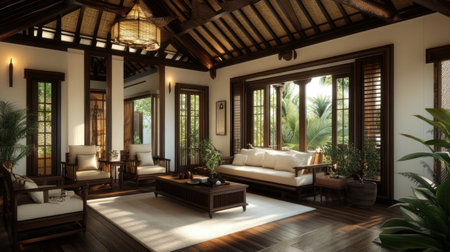 Savanna-style living room with wooden furniture, white walls, and green accents, large windows for natural light, indoor plants in pots on the floor, minimalist decor, and a cozy atmosphere. Wide-angle lens, daylight, white background. --chaos 30 --ar 16:9 --v 6.1 Job ID: d13ac947-a27e-4075-991e-fc478cbd78b2の素材