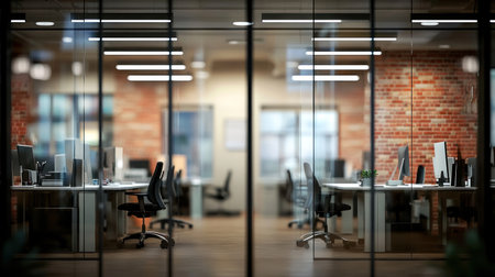 Modern office interior with glass walls and white wall mockup, blurred brick background, office space, modern minimalistic style, working place with desk and chairs, glass panels, minimal design of the room, photorealistic, high resolution, professional photograph, high detail. --chaos 30 --ar 16:9 --v 6.1 Job ID: 3b2d3bef-1800-4bb5-a9e5-902f4eaa757fの素材