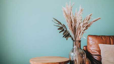 Photo of a minimalist living room with an olive green wall, featuring a brown leather sofa and a wooden coffee table. The scene includes a vase holding dried palm leaves on the side table, creating a cozy atmosphere. --chaos 30 --ar 16:9 --v 6.1 Job ID: 871c28a2-da22-467b-9fbc-70b8bdac5ac9の素材