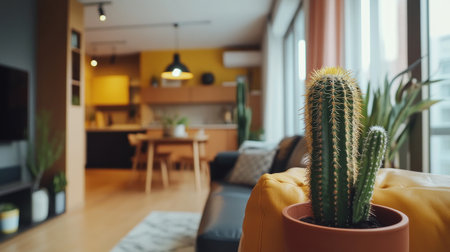 Photographer Chen Man's fashionable photography style features a light amber and dark black leather three-seater sofa, which has a warm color scheme with simple design elements. The living room walls have an elegant open layout that exudes a modern and luxurious sense of space. In the background, there is a dining table, a cactus decoration on the floor, a diagonal composition, multiple layers, a wide-angle lens, soft lighting, and a clean environment with a warm atmosphere. --chaos 30 --ar 16:9 --v 6.1 Job ID: 994aba75-979f-497f-a863-a75385a3c657の素材